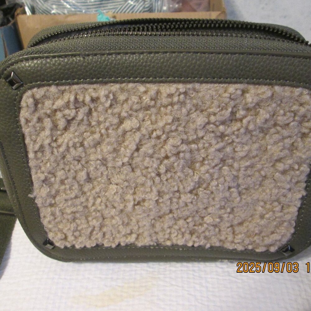Rachael Zoe Olive Faux Leather and Sherpa Sides Camera Crossbody Bag